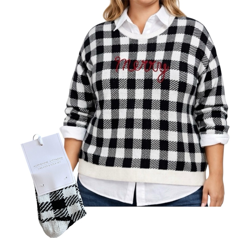 Adrienne Vittadini Women’s 2 Piece Merry Plaid Sweater & Socks Set Size XL